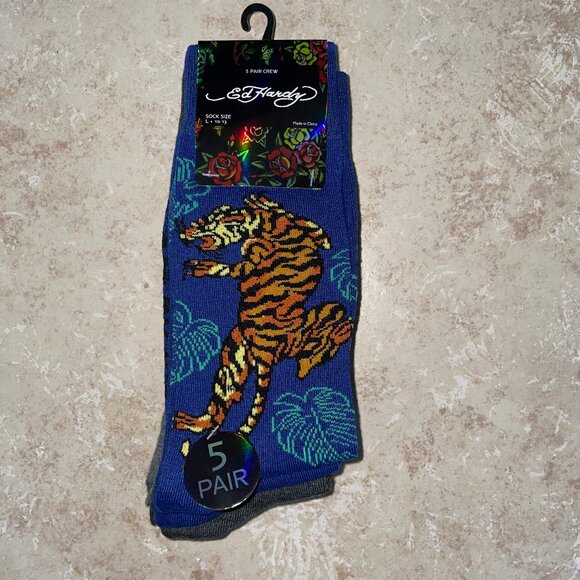 ADULT ED HARDY 5 PAIR BLACK BLUE & GREY CREW SOCKS NEW - Picture 1 of 5